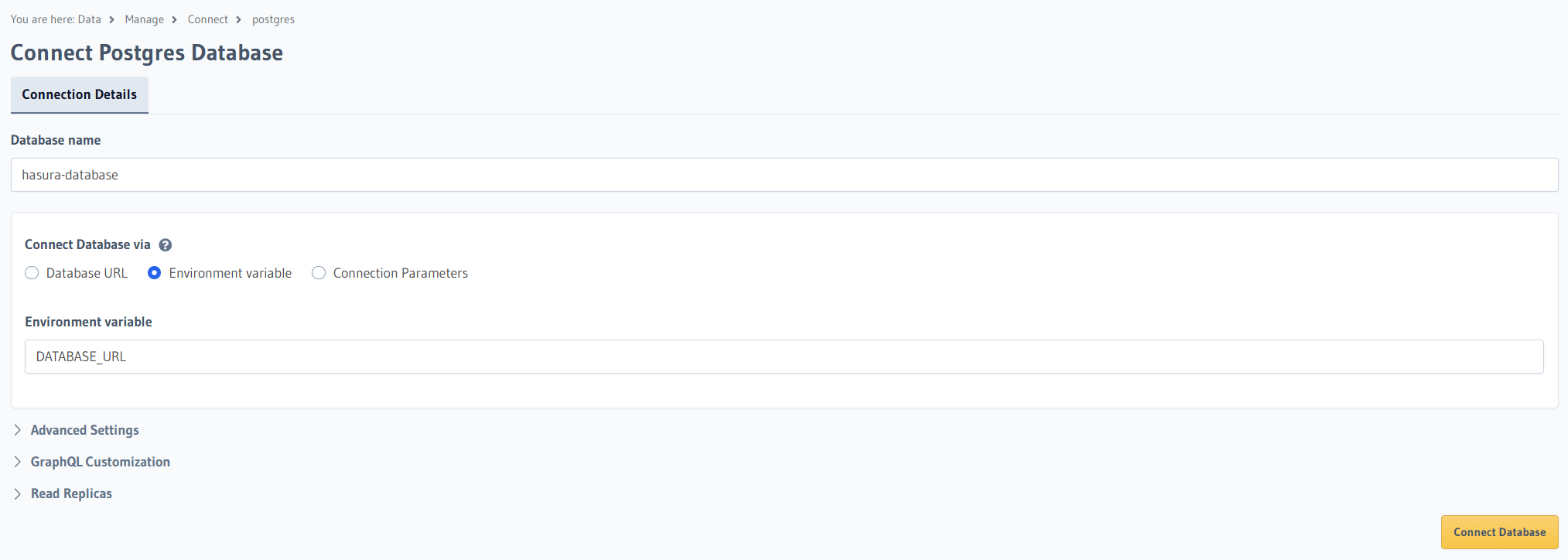 Hasura Console database connection form with environment variable input field and Connect Database button
