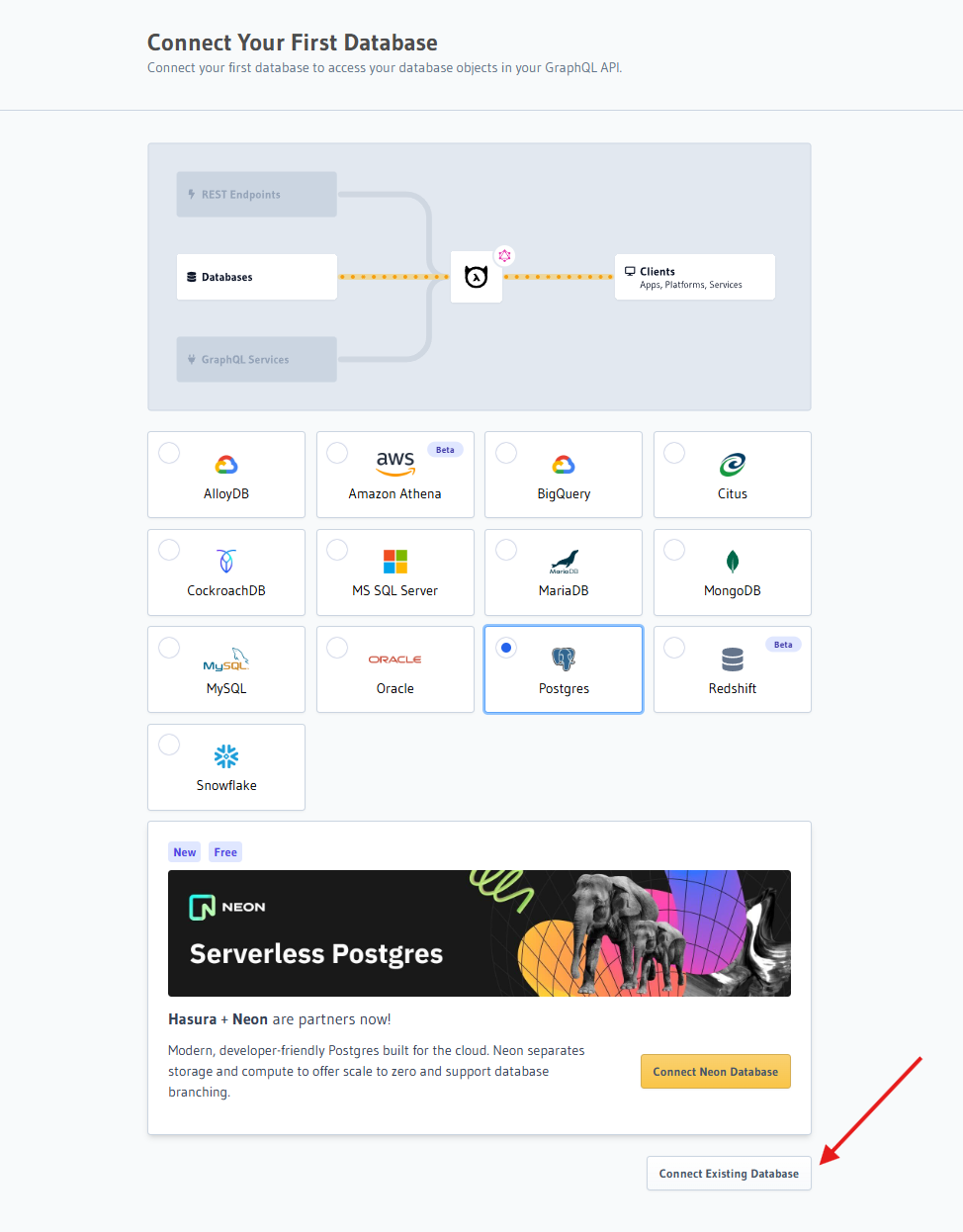 Hasura Console database connection page with Postgres selected and Connect Existing Database button