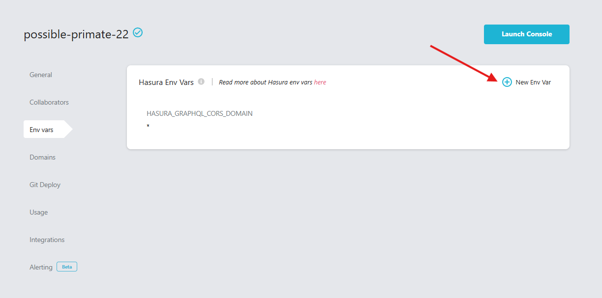 Hasura Cloud environment variables page with New Env Var button