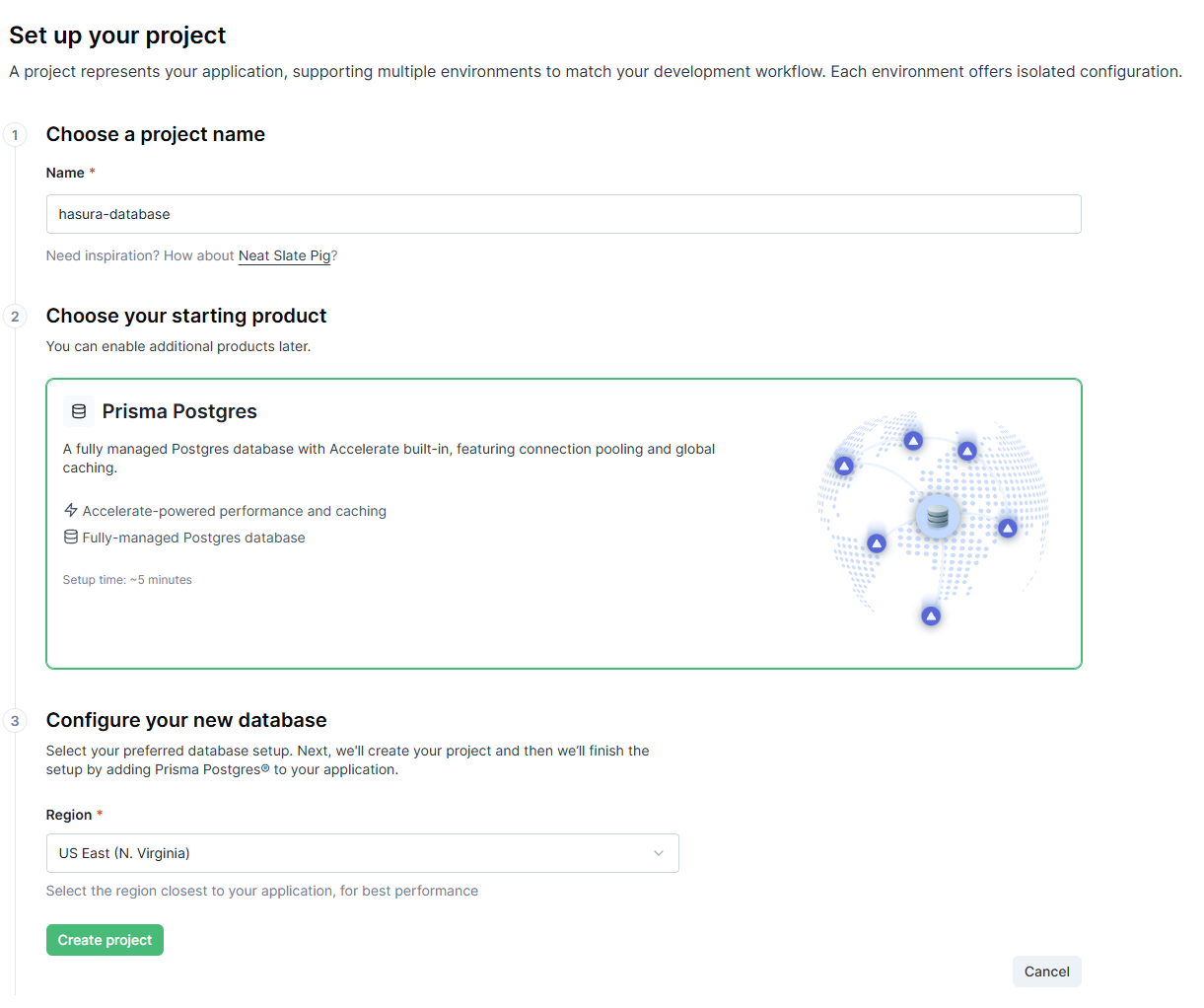 Prisma Postgres project creation form with input fields for project credentials