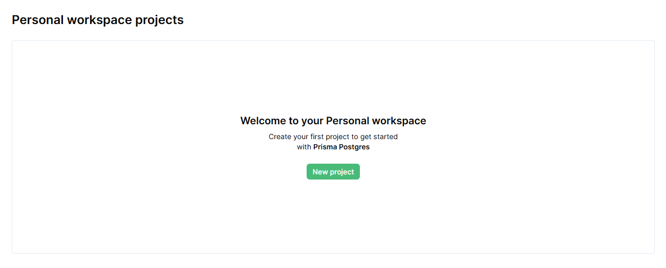 Prisma Postgres console showing the New Project button