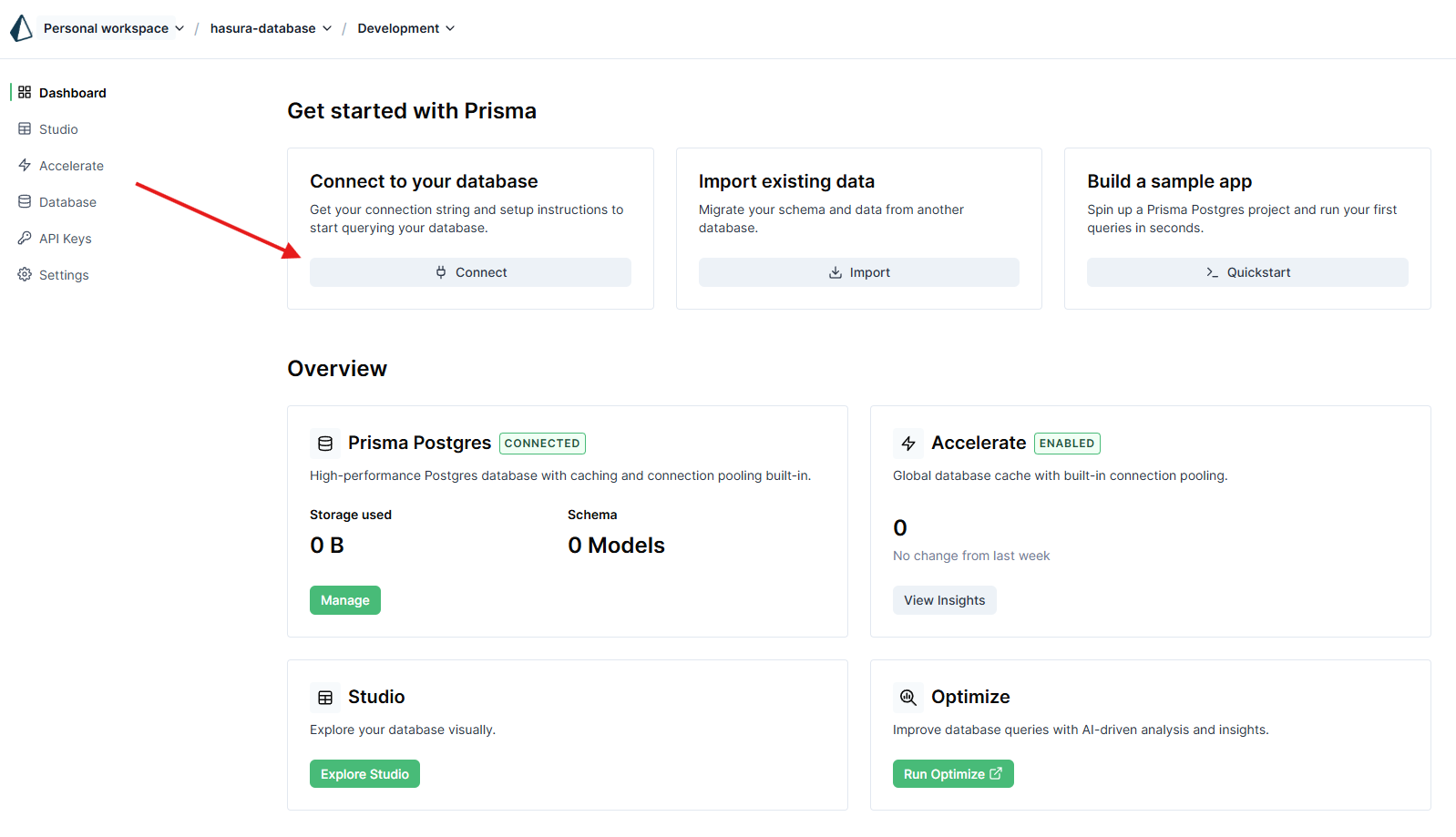 Prisma Postgres dashboard with Connect button highlighted