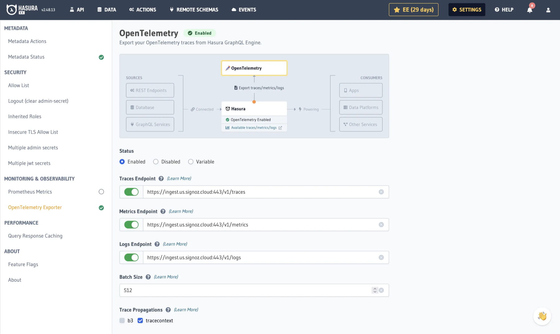 Configure SigNoz OTLP endpoints in the Hasura Console