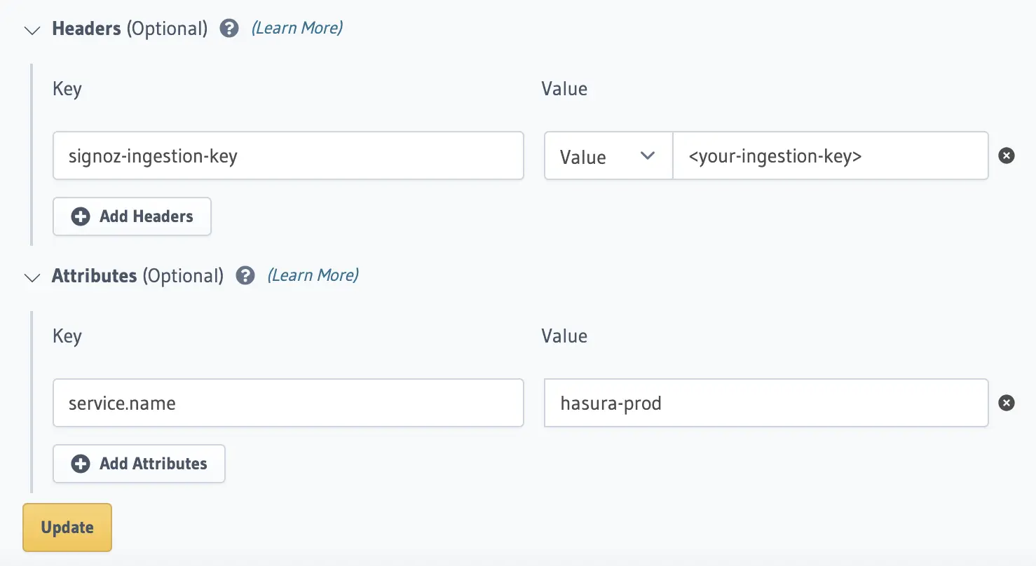 Configure the SigNoz ingestion key header and resource attributes