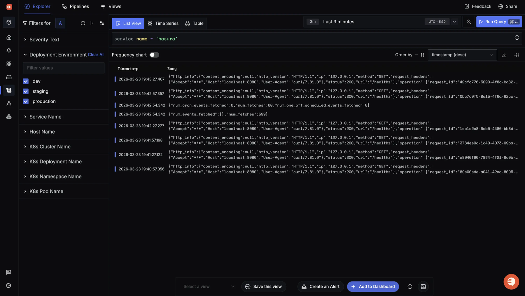 Hasura logs in the SigNoz Logs explorer